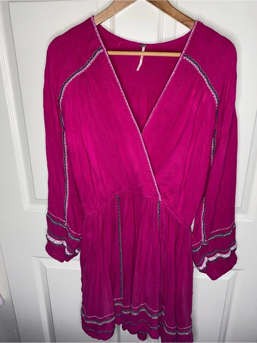 Free People Mini Dress in Fuchsia with Embroidered Trim